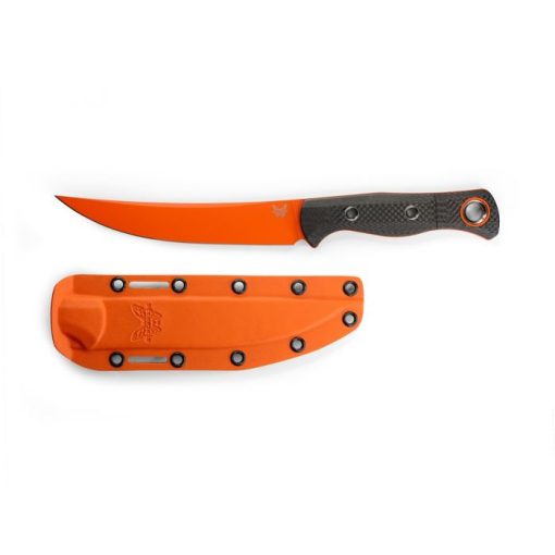 Benchmade Meatcrafter Orange CPM-S45VN Trailing Point Fixed Blade Carbon Fiber Handle Front Side Next To Sheath Back Side