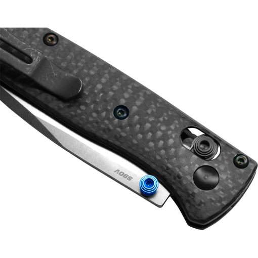 Benchmade Mini Bugout Satin CPM-S90V Drop Point Blade Carbon Fiber Handle Back Side Closed Angled