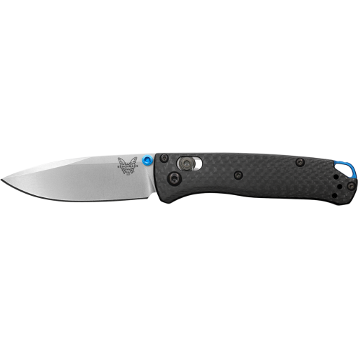 Benchmade Mini Bugout Satin CPM-S90V Drop Point Blade Carbon Fiber Handle Front Side Open