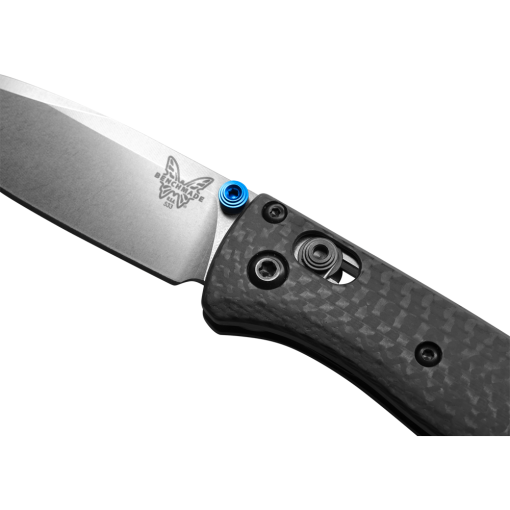 Benchmade Mini Bugout Satin CPM-S90V Drop Point Blade Carbon Fiber Handle Front Side Open Benchmade Logo Close Up