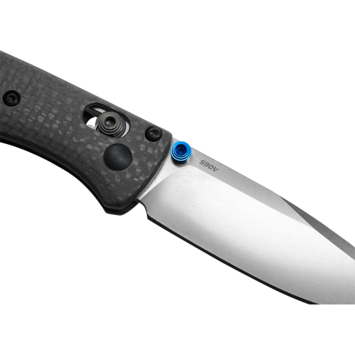 Benchmade Mini Bugout Satin CPM-S90V Drop Point Blade Carbon Fiber Handle Back Side Open Blade Close Up