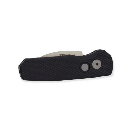 Protech Runt 5 Stonewashed 20CV Wharncliffe Blade Black Textured Aluminum Handle Front Side Closed