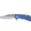 Hinderer XM-24 4 inches Stonewashed 20CV Bowie Blade with Blue/Black G-10 Stonewashed Titanium Handle - Grommet's Knife & Carry Front Side Open