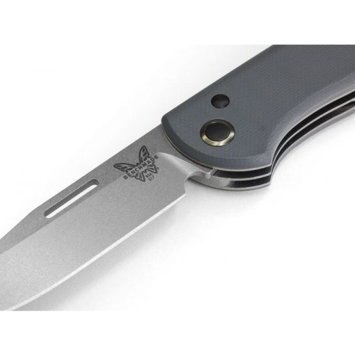 Benchmade 317 Weekender Stonewash S30V Clip-Point Blade Cool Gray G-10 Handle Front Side Open Diagonal Close Up