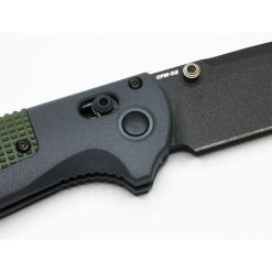 Benchmade Redoubt Cobalt Black D2 Drop Point Blade Gray/Green Grivory Handle Back Side Open Axis Lock Close Up