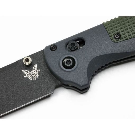 Benchmade Redoubt Cobalt Black D2 Drop Point Blade Gray/Green Grivory Handle Front Side Open Axis Lock Close Up