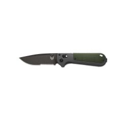 Benchmade Redoubt Cobalt Black D2 Drop Point Combo Blade Gray/Green Grivory Handle Front Side Open