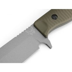 Benchmade Anonimus Tungsten Grey Cerakote CPM-CruWear Drop Point Fixed Blade OD Green G-10 Handle Front Side Diagonal Chil Close Up