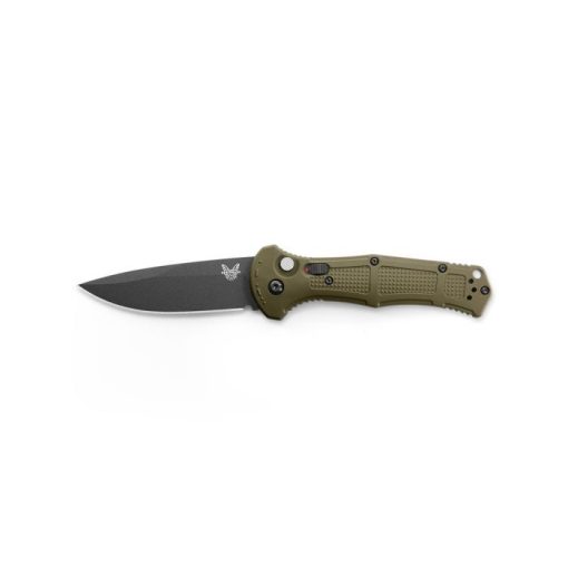 Benchmade Claymore Auto Cobalt Black D2 Drop Point Blade Foliage Green Grivory Handle Front Side Open