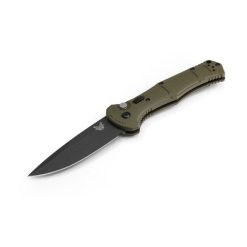 Benchmade Claymore Auto Cobalt Black D2 Drop Point Blade Foliage Green Grivory Handle Front Side Open Diagonal