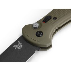 Benchmade Claymore Auto Cobalt Black D2 Drop Point Blade Foliage Green Grivory Handle Front Side Open Diagonal Button Lock Close Up