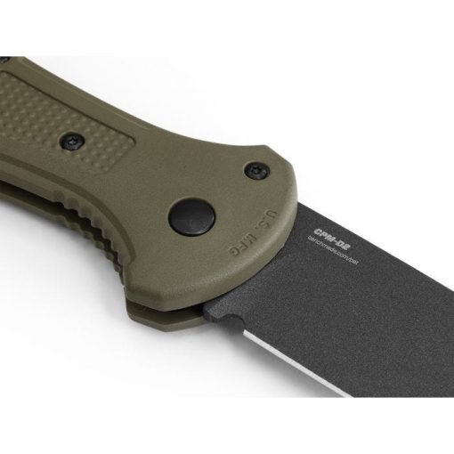 Benchmade Claymore Auto Cobalt Black D2 Drop Point Blade Foliage Green Grivory Handle Back Side Open Blade Close Up
