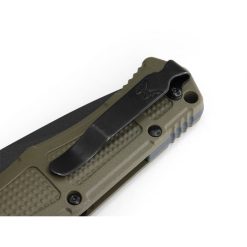 Benchmade Claymore Auto Cobalt Black D2 Drop Point Blade Foliage Green Grivory Handle Back Side Closed Clip Close Up