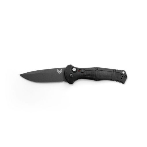 Benchmade Claymore Auto Cobalt Black D2 Drop Point Blade Black Grivory Handle Front Side Open