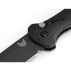 Benchmade Claymore Auto Cobalt Black D2 Drop Point Blade Black Grivory Handle Front Side Open Diagonal Button Close Up
