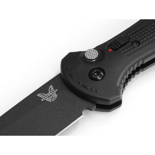 Benchmade Claymore Auto Cobalt Black D2 Drop Point Blade Black Grivory Handle Front Side Open Diagonal Button Close Up