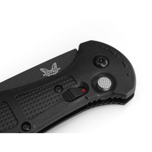 Benchmade Claymore Auto Cobalt Black D2 Drop Point Blade Black Grivory Handle Front Side Closed Button Lock Close Up