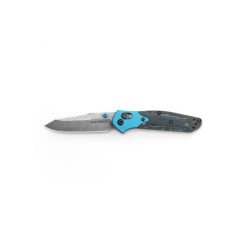 Benchmade 945-221 Mini Osborne Damasteel Reverse Tanto Blade Arctic Storm Fat Carbon Handle with Aqua Anodized Bolsters Front Side Open