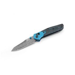 Benchmade 945-221 Mini Osborne Damasteel Reverse Tanto Blade Arctic Storm Fat Carbon Handle with Aqua Anodized Bolsters Front Side Open Diagonal