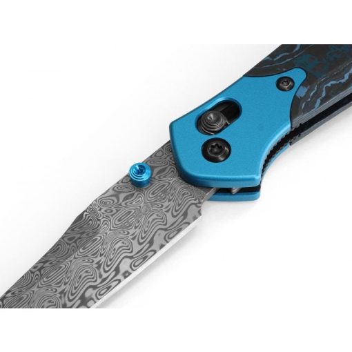 Benchmade 945-221 Mini Osborne Damasteel Reverse Tanto Blade Arctic Storm Fat Carbon Handle with Aqua Anodized Bolsters Front Side Open Diagonal Close Up