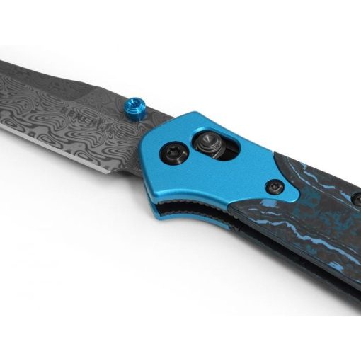 Benchmade 945-221 Mini Osborne Damasteel Reverse Tanto Blade Arctic Storm Fat Carbon Handle with Aqua Anodized Bolsters Front Side Open Close Up Diagonal 2