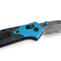 Benchmade 945-221 Mini Osborne Damasteel Reverse Tanto Blade Arctic Storm Fat Carbon Handle with Aqua Anodized Bolsters Back Side Open Close Up Diagonal