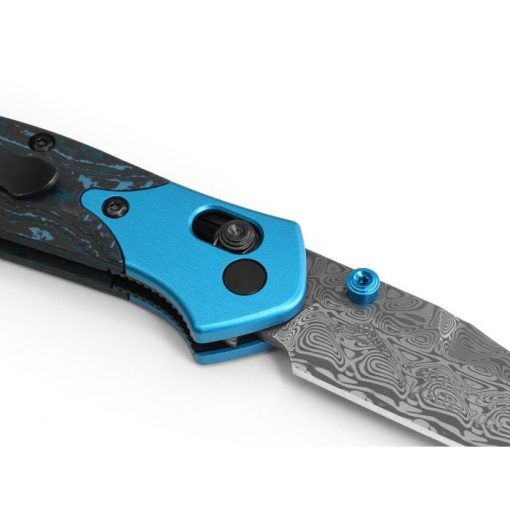 Benchmade 945-221 Mini Osborne Damasteel Reverse Tanto Blade Arctic Storm Fat Carbon Handle with Aqua Anodized Bolsters Back Side Open Diagonal Close Up