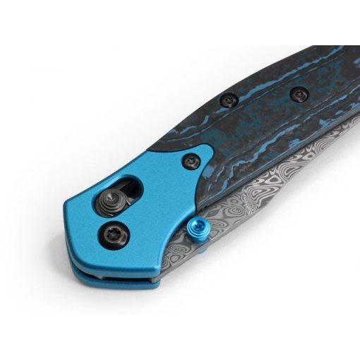 Benchmade 945-221 Mini Osborne Damasteel Reverse Tanto Blade Arctic Storm Fat Carbon Handle with Aqua Anodized Bolsters Front Side Closed Diagonal Close Up