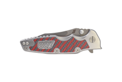 Zero Tolerance Snap On 100th Anniversary Black Powdered Flame Pattern D2 Drop Point Blade Titanium Handle Red Weave Carbon Fiber Inlay Front Side Closed