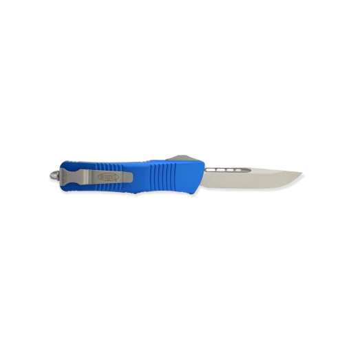 Microtech Troodon OTF Automatic Knife Satin S/E Blade Blue Aluminum Handle Back Side Open