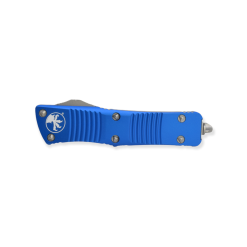Microtech Troodon OTF Automatic Knife Satin S/E Blade Blue Aluminum Handle Front Side Closed