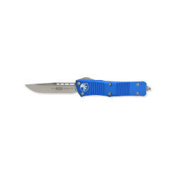 Microtech Troodon OTF Automatic Knife Satin S/E Blade Blue Aluminum Handle Front Side Open