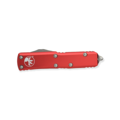 Microtech UTX-85 OTF Auto Stonewash S/E Blade Red Aluminum Handle Front Side Closed