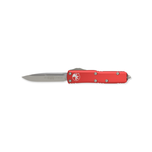 Microtech UTX-85 OTF Auto Stonewash S/E Blade Red Aluminum Handle Front Side Open