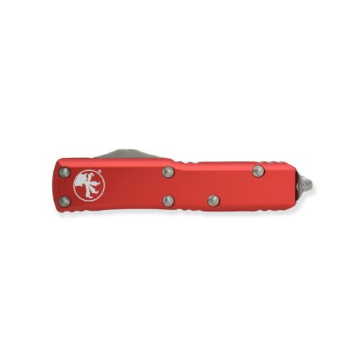 Microtech UTX-85 OTF Auto Stonewash T/E Blade Red Aluminum Handle Front Side Closed