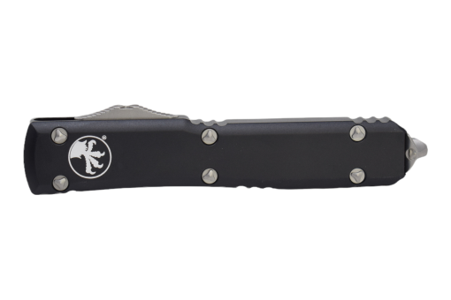 Microtech Ultratech OTF Auto Satin Drop Point Blade Black Aluminum Handle Front Side Closed