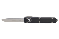 Microtech Ultratech OTF Auto Satin Drop Point Blade Black Aluminum Handle Front Side Open