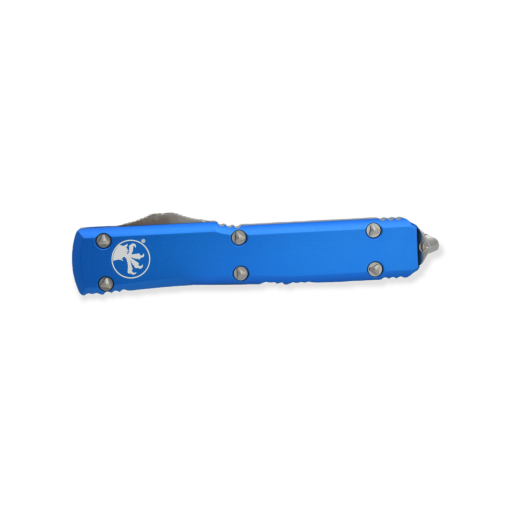 Microtech Ultratech OTF Auto Satin D/E Blade Blue Aluminum Handle Front Side Closed