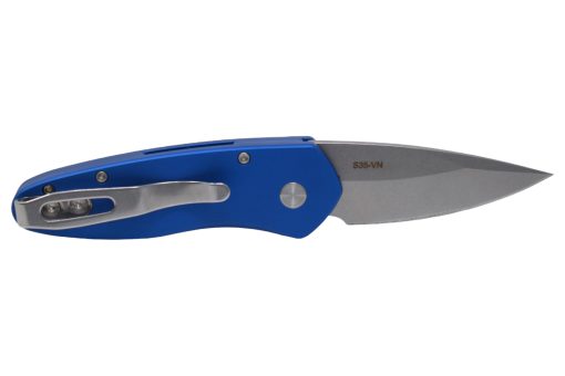 Pro-Tech Sprint CA Legal Auto Stonewash S35VN Blade Blue Ano Alumium Handle Stonewash Hardware and Deep Pocket Carry Clip - Grommet's Knife & Carry - Back Side Open