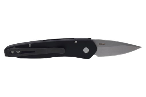 Pro-Tech Knives Half-Breed CA Legal Auto Stonewashed S35VN Drop Point Blade Black Ano Aluminum Handle Stonewashed Hardware and Black DLC Deep-pocket carry Clip - Grommet's Knife & Carry - Back Side Open