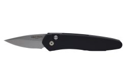 Pro-Tech Knives Half-Breed CA Legal Auto Stonewashed S35VN Drop Point Blade Black Ano Aluminum Handle Stonewashed Hardware and Black DLC Deep-pocket carry Clip - Grommet's Knife & Carry - Front Side Open