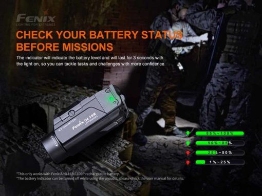 Fenix GL19R Rechargeable Tac Light -1200 Lumens Battery Status Infographic