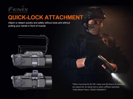 Fenix GL19R Rechargeable Tac Light -1200 Lumens Quick Look Attachment Infographic