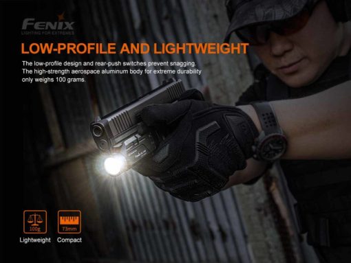 Fenix GL19R Rechargeable Tac Light -1200 Lumens Light Size Infographic