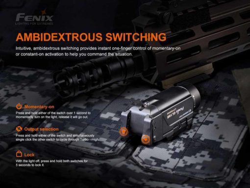 Fenix GL19R Rechargeable Tac Light -1200 Lumens Switches Infographic