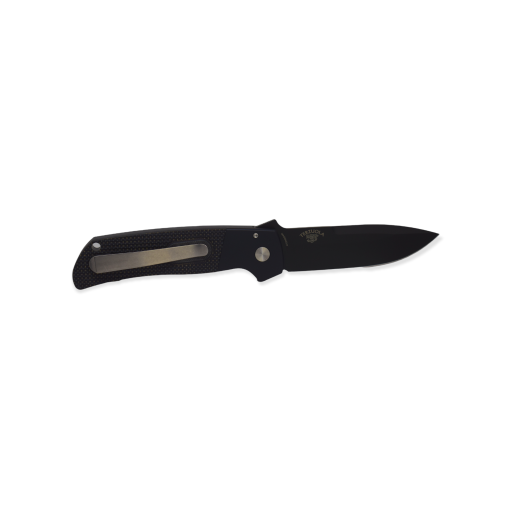 Pro-Tech Terzuola ATCF Auto Black DLC CPM-MagnaCut Drop Point Blade Black Aluminum Handle with Textured Black G-10 Inlays Pearl Button and Stonewashed 3D Machined Clip Back Side Open