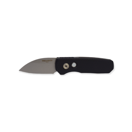 Protech Runt 5 CA Legal Auto Stonewash 20CV Wharncliffe Blade Textured Black Dragon Skin Aluminum Handle with Mother of Pearl Button Front Side Open