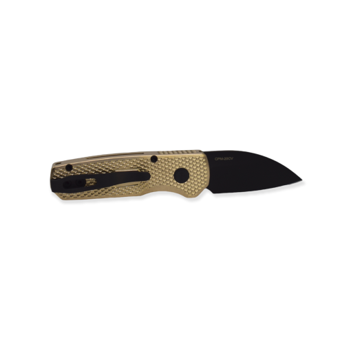 Protech Runt 5 CA Legal Auto Black DLC 20CV Wharncliffe Blade Textured Bronze Aluminum Handle with Mother of Pearl Button Back Side Open