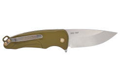 A Medford Smooth Criminal Tumbled S35VN Drop Point Blade Yellow Aluminum Handle Bronze Hardware on a white background.