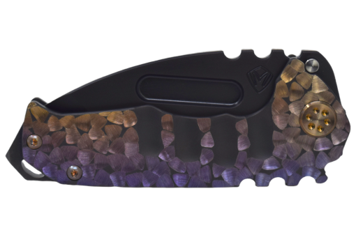 Medford Praetorian Genesis T Black PVD S35VN Tanto Blade PVD handles with bronze to violet peaks and valleys sculpted handles Front Side Closed